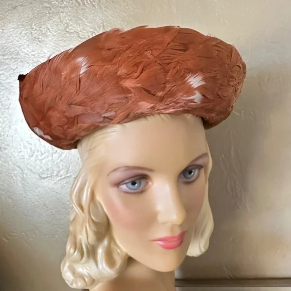 REFINED 1960s' HAT COVERED IN RUST COLORED FEATHERS